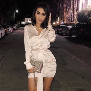 pretty little thing champagne satin dress